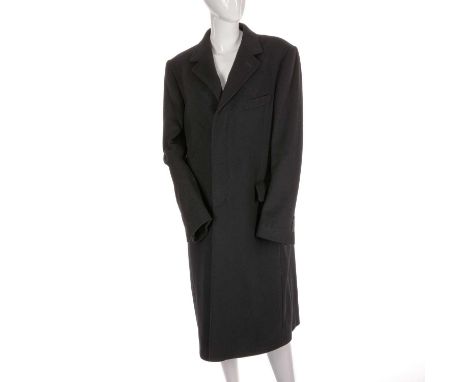 A men's black wool cashmere coat, featuring a notched lapel collar, button fastenings, three exterior pockets, and two interi