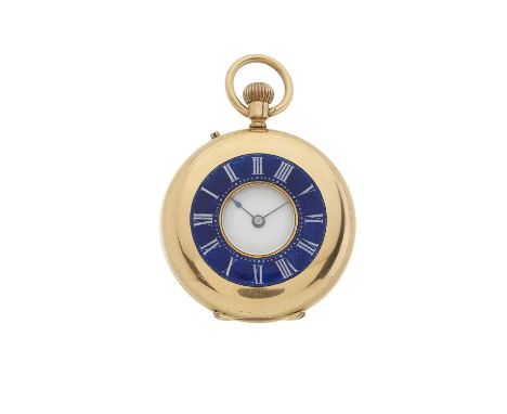 A late 19th century 18ct gold enamel pocket fob watch, case numbered 16965, keyless manual wind movement, case stamped J.W.T 