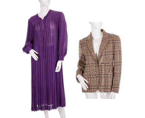 Celine, two items of ladies vintage clothing, to include a full-length purple pleated silk dress with belt, together with a w