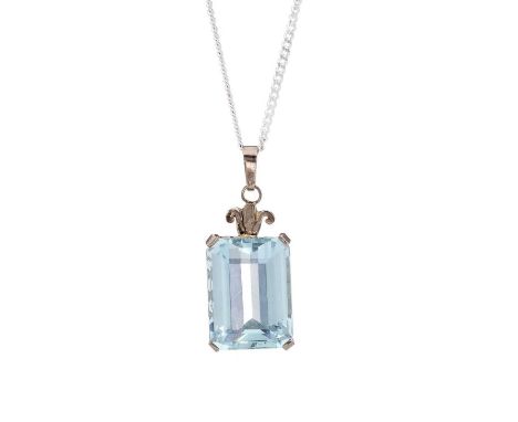 A rectangular-shape aquamarine single-stone pendant, with stylised fleur-de-lys surmount, suspended from a white metal chain,