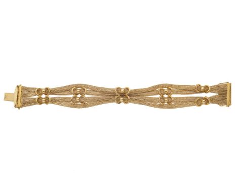 An 18ct gold woven fancy-link bracelet, with engraved double hoop and bead highlights, clasp stamped Kt.18, length 20cm, 45.7