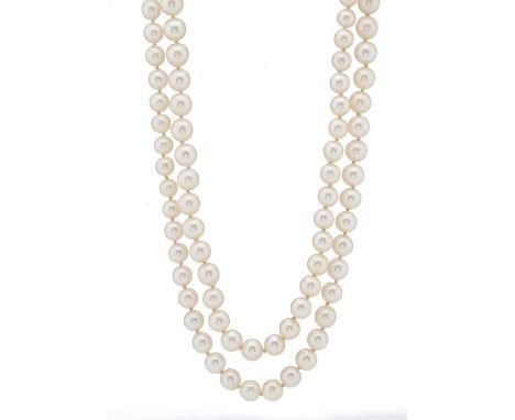 Cropp &amp; Farr, a graduated cultured pearl single-strand longuard necklace, with 9ct gold split pearl accent clasp, maker's