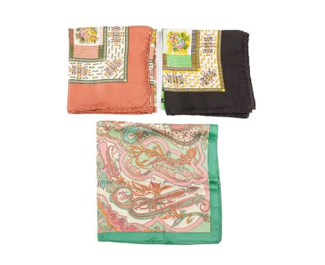 Liberty, three silk scarves, to include a small green and pink paisley patterned scarf, and two larger floral patterned scarv