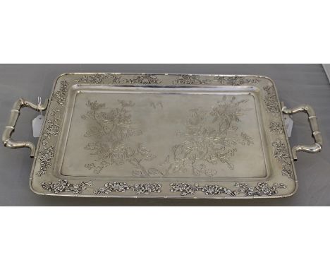 A fine Chinese export silver twin handled rectangular tray, by Zee Wo, Shanghai, late 19th/early 20th century, engraved to ce