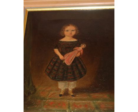 19th century English Naive School, full length portrait of a young girl holding a doll, oil on canvas, 36cm x 28cm, framed, t