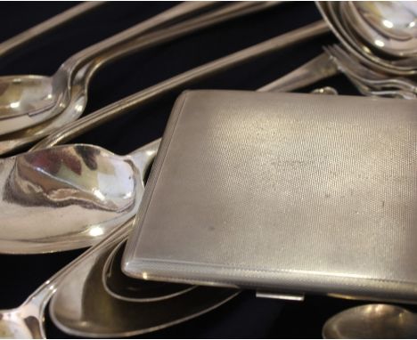 A quantity of silver flatware, to include; a pair of maatched George III Hanovarian pattern table spoons, assayed London 1770