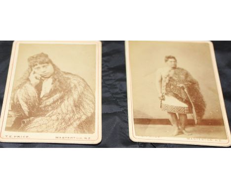 Two portrait photographic prints of Maoris, each mounted to card, the verso printed "Photographed by Thos. E. Price, Photogra