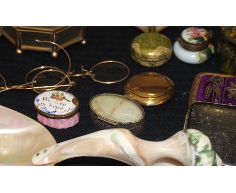 An 18th cent Bilston enamel box a collection of spectacles and similar