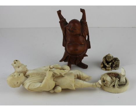A collection of Japanese Ivory and wooden items to Include a Meiji Period Netsuke , Okimono figure at fault and wooden buddha