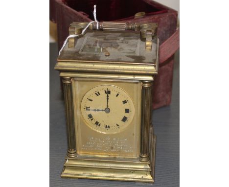 A brass repeater carriage clock, late 19th/early 20th century, gong strike, having Roman numeral chapter ring, case height 14
