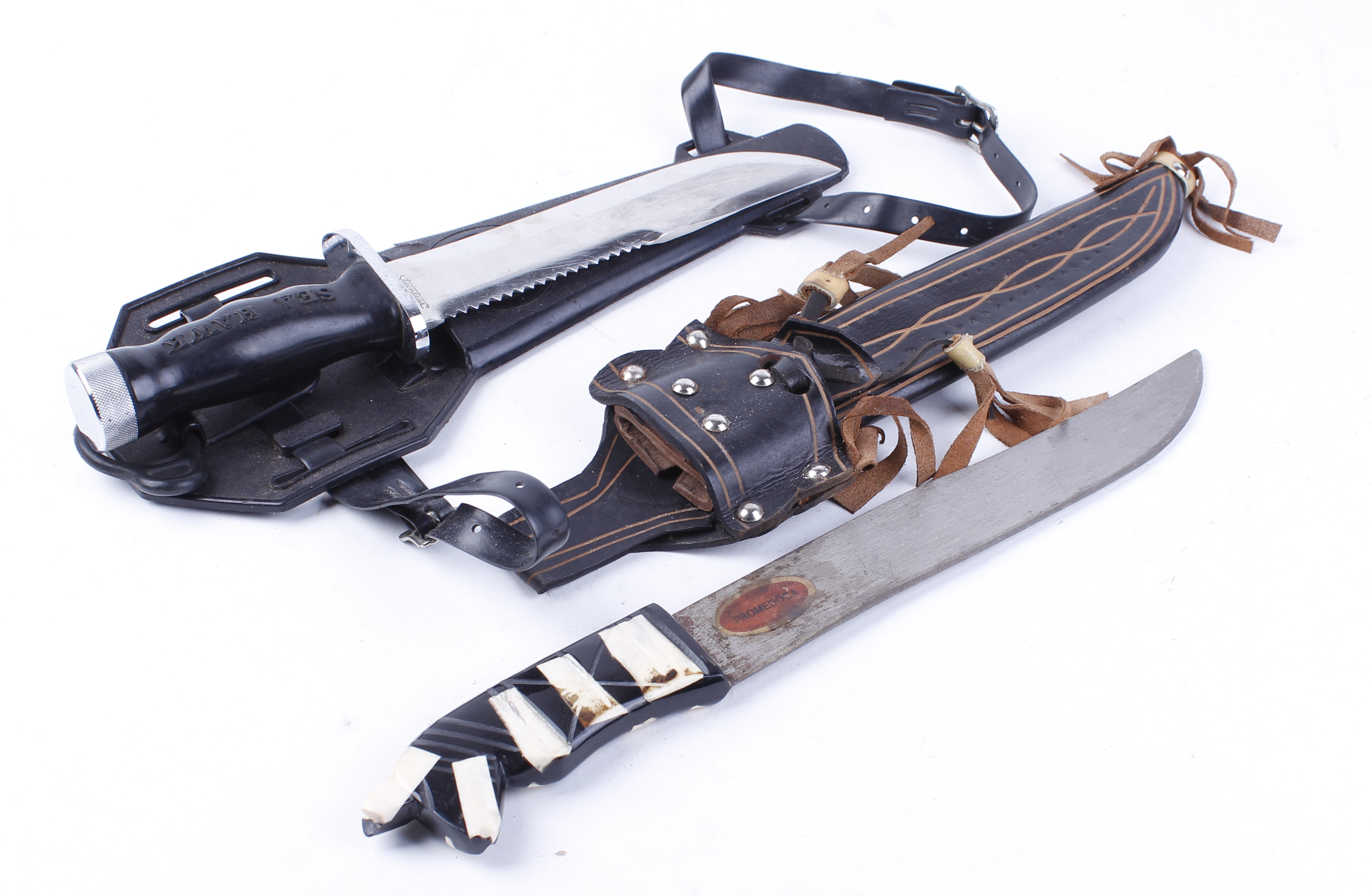 Sea Hawk divers knife, 7½ ins saw backed stainless steel blade, black