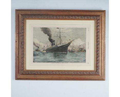 Original 1889 engraving titled Steamer Day in New York, drawn by maritime artist J. O. Davidson and published in Harper's Wee