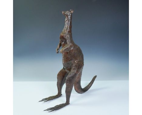 Striking modernist bronze sculpture of a kangaroo, depicted upright in a stylized, angular stance. The sculpture features exa