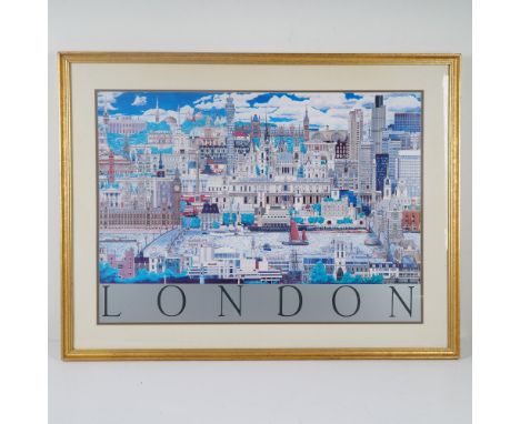 Vibrant cityscape poster depicting a dense and detailed panorama of iconic London landmarks including St. Paul's Cathedral, B