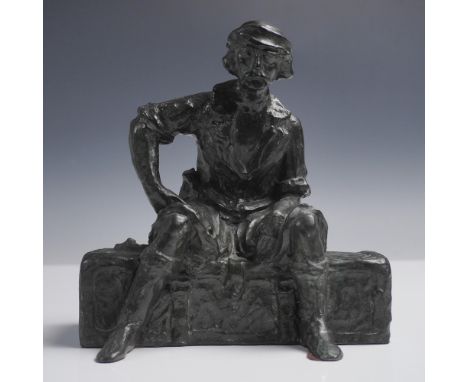 Limited edition bronze sculpture by American artist Elsie Palmer Payne (1884–1971), depicting a contemplative man seated on a