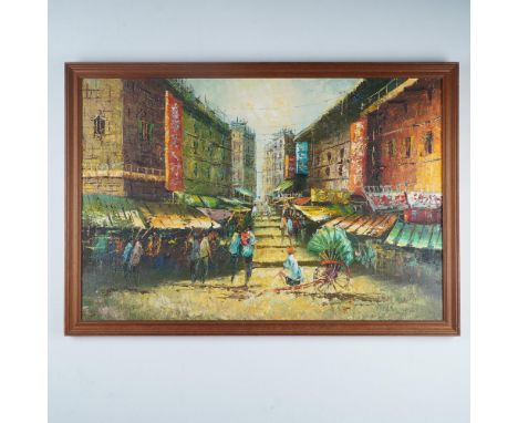 Striking oil on canvas painting depicting a bustling old Hong Kong street scene, alive with color, texture, and everyday move