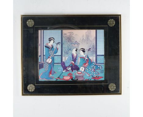 Vibrant framed print by Page Wood, marked 1975, depicting a serene Japanese interior scene with three geisha musicians in col