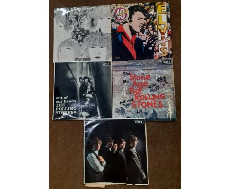 Five LP records to include The Rolling Stones Revolver (Matrix XEX 606, no visible scratches, initials RLR scratched near the