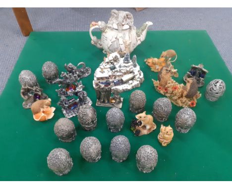 Late 20th century collectables to include Tudor Mint pewter egg shaped boxes revealing models inside, a Harmony Kingdom teapo