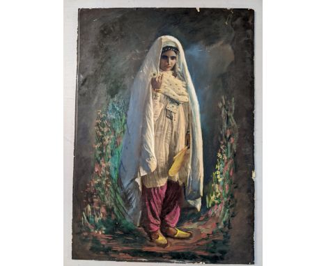 Attributed to Randolph Bezzant Holmes (1888-1973) a portrait of woman wearing a long headdress over painted photograph 57cm x