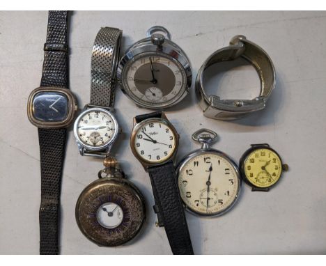 A collection of watches to include a silver half Hunter pocket watch, Alpina automatic, military issue watch and othersLocati