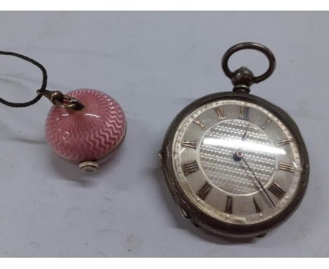 A watch ball pendant having pink guilloche enamel, together with a Victorian silver fob watch Location: 