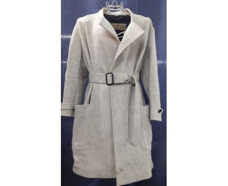 Burberry-A ladies light grey woollen wrap-around knee length coat with matching belt, UK size 8, 90cm Long. Location: RailCon