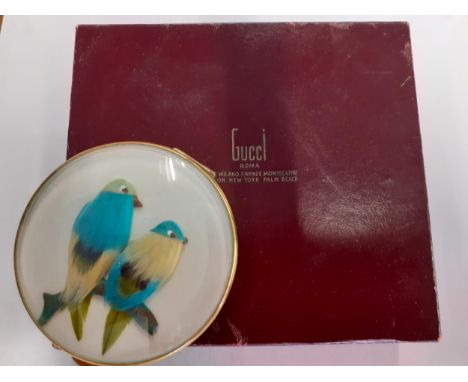 Gucci-A 1970's gold tone compact having a domed glass top over 2 feathered models of canaries, in original boxLocation: R2:4 