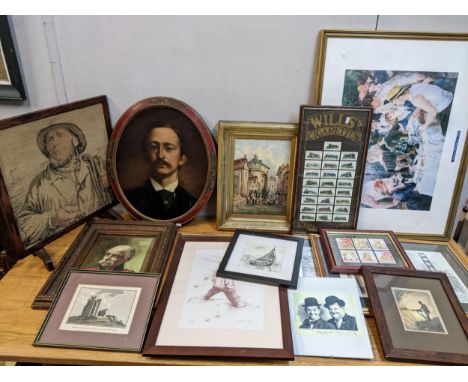 Mixed pictures to include an oval portrait of a gent, F Hartwig oil on canvas depicting a street scene, and others, together 