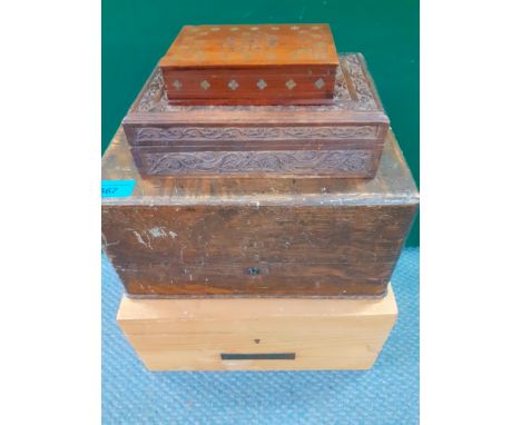 Four treen boxes to include The Globe Office Tickler No 2 oak box with key Location: 2.1 