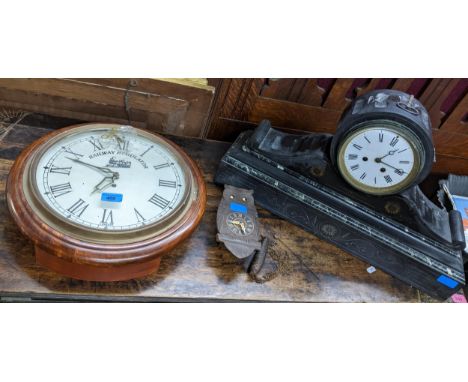 Clocks to include a mahogany Railway Regulator dial clock with white enamel dial (with key), a Victorian black slate and gree