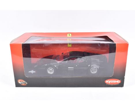 A BOXED KYOSHO HOT WHEELS FERARRI 365GT4/BB 1:18 SCALE MODEL VEHICLE, numbered 08173K, in black, appears brand new although l