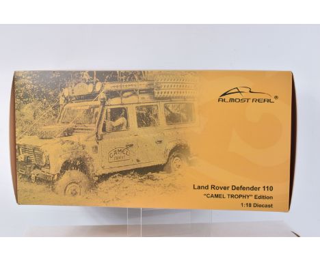 A BOXED ALMOST REAL LAND ROVER DEFENDER 110   CAMEL TROPHY   EDITION 1:18 SCALE MODEL VEHICLE, numbered 810305, light tan col