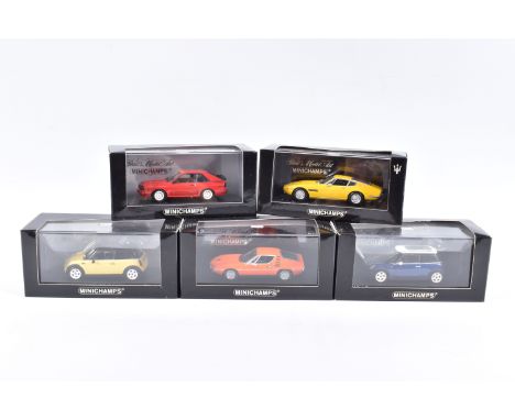 FIVE BOXED MINICHAMP 1:43 SCALE MODEL CARS, to include a 1973 Alfa Romeo Montreal in Arancio Orange no. 400 120620, a 1969 Ma