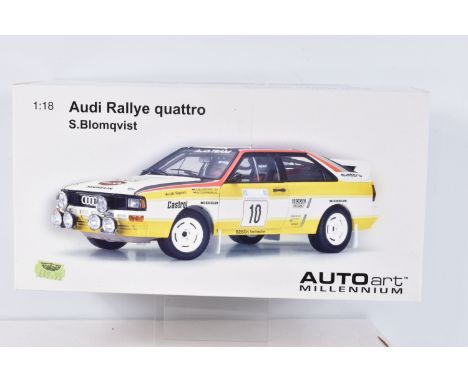 A BOXED AUTOART MILLENIUM AUDI RALLYE QUATTRO S.BLOMQVIST 1:18 SCALE MODEL, numbered 88402, rally of acropolis, multicoloured