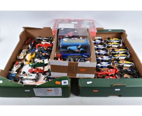 A QUANTITY OF UNBOXED SCALEXTRIC F1 RACING CARS, 1970's and later, some with minor damage and/or missing parts, with a boxed 