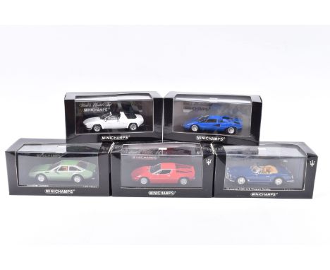 FIVE BOXED MINICHAMP 1:43 SCALE MODEL CARS, to include a 1976 Lamborghini Silhouette Bianco Polo Park White no. 400 103620, a