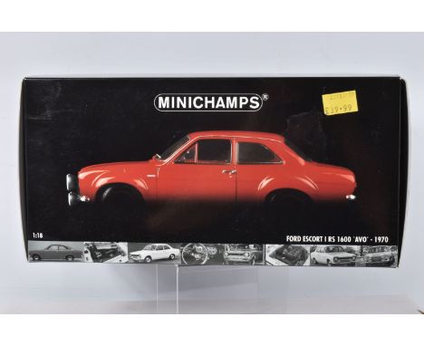 A BOXED MINICHAMPS FORD ESCORT I RS 1600 'AVO' 1970 1:18 SCALE MODEL VEHICLE, numbered 100 688101, red body, appears in new c