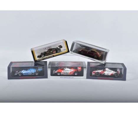 FIVE BOXED SPARK MODELS MINIMAX VEHICLES, to include a TVR Sagaris 2005, numbered S0221, metallic brown in colour, glue to on
