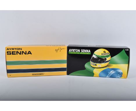 TWO BOXED MINICHAMPS PAULS MODEL ART AYRTON SENNA 1:18 SCALE MODELS, the first Lotus Renault 97T 1985, numbered 540 851812, a