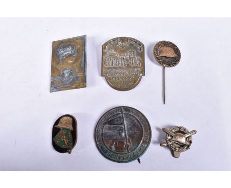 SIX AUSTRIAN CHRISTIAN SOCIALIST BADGES FROM 1930S, these include a stick-pin  with a helmet and decoration around the edge, 