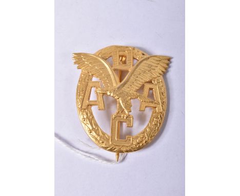 A GERMAN THIRD REICH ADAC BADGE IN GOLD, this is an Allegmiener Deutscher Automobile club badge, this has a hollow back and i