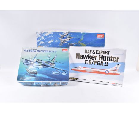 THREE ACADEMY HOBBY BOXED MODEL AIRCRAFT KITS, to include a 1:48 scale construction kit Hawker Hunter FGA.9, kit no. 2169, in