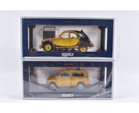 TWO BOXED NOREV COLLECTORS MODEL DIECAST VEHICLES 1:18 SCALE, the first is a Fiat 500 Gardiniera 1968, numbered 187724, in po