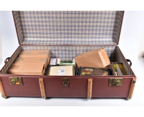 A VINTAGE TRAVEL CHEST WITH BOXED BBURAGO, CORGI AND RIO DIE-CAST MODEL VEHICLES, to include a Rio 1938 Grande Mercedes Scope
