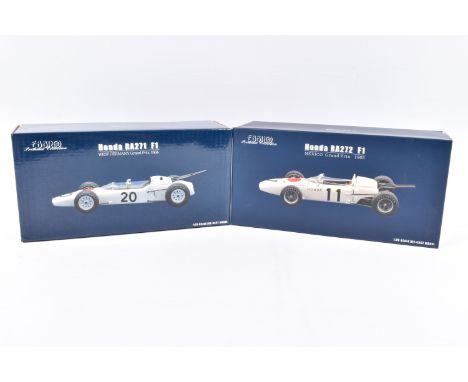 TWO EBBRO PREMIUM COLLECTION HONDA RA271 F1 1:20 SCALE MODEL DIECAST VEHICLES, the first is a West Germany Grand Prix 1964, n