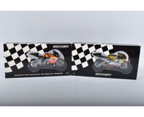 TWO BOXED MINICHAMPS PAULS MODEL ART MOTORCYCLE MODELS 1:12 SCALE, the first is a Honda RC211V Repsol Honda Team Valentino Ro