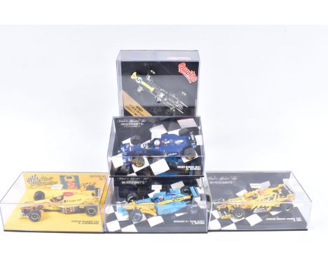 FIVE MINIATURE MODEL CARS IN PLASTIC DISPLAY CASES  to include four Minichamp 1:43 Scale cars, a Ralph Schumacher Collection 