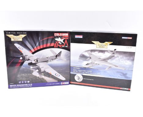 TWO BOXED LIMITED EDITION CORGI AVIATION ARHCHIVE MODEL DIECAST AIRCRAFTS, the first is a Cold War 1947-1991 Bristol Beaufigh