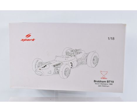 A BOXED SPARK MINIMAX BRABHAM BT19 WORLD CHAMPION 1966 JACK BRABHAM 1:18 SCALE, numbered 18S223, green body with gold stripe 